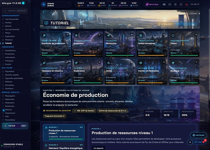 Tutoriel d'Aleryos présentant l'économie, l'expansion, la recherche, les unités terrestres, les Piliers, les vaisseaux, l'exploration, la diplomatie et les factions.